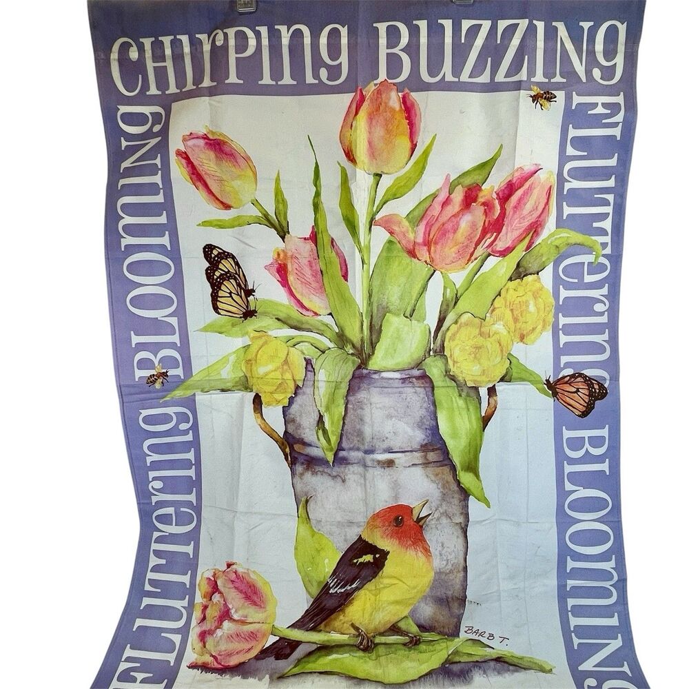 Spring Bloom Garden Pole Flag. Nylon 29x42. ‎ DOUBLE SIDED Tulips, Birds, Bees,